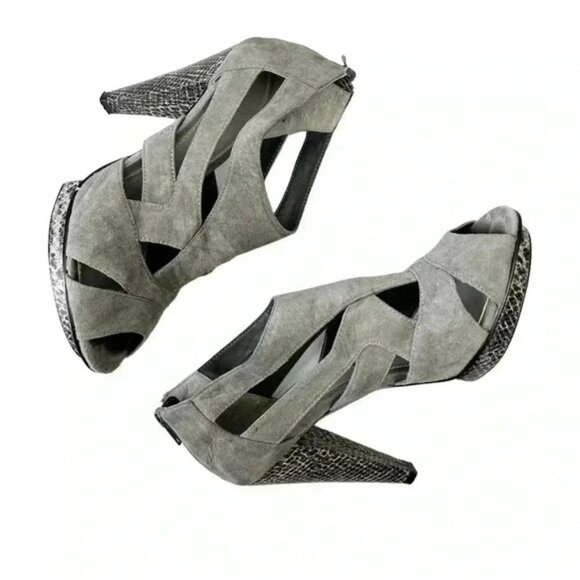 Attitude Strappy Chunky Platform Heels Caged Open Toe Shoe Y2K Faux Suede Grey 7 - Picture 14 of 15